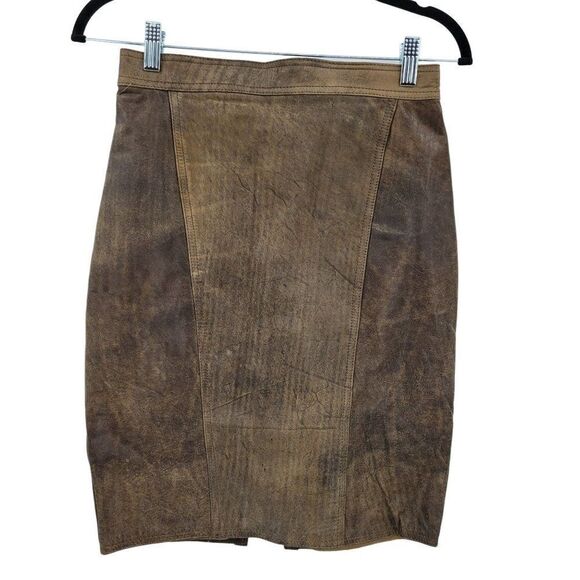 Vintage 80's Winlit Skirt Leather Country Rustic Distressed Pencil Brown Sz S - Picture 2 of 9